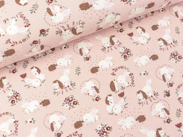 Baumwolljersey Kleine Häschen und Igel in der bunten Blumenwiese auf Oldrose