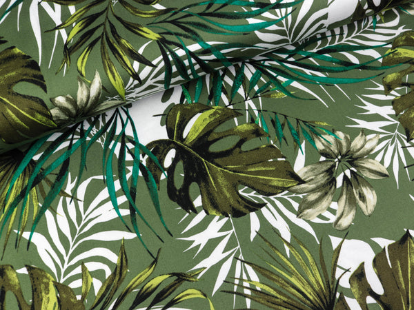 Baumwollsatin Leaves Blätter bunt auf Khaki