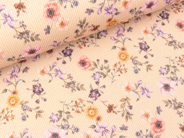 Baumwolljersey Fein Rib Florida Small Flowers bunt auf Poudre