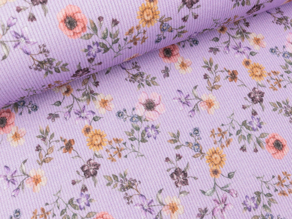 Baumwolljersey Fein Rib Florida Small Flowers bunt auf Dusty lilac