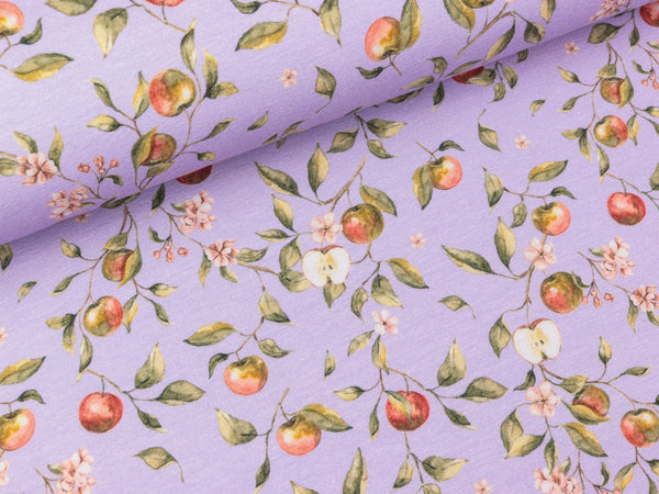 Baumwolljersey Apple Blossom bunt auf Dusty lilac Digitaldruck