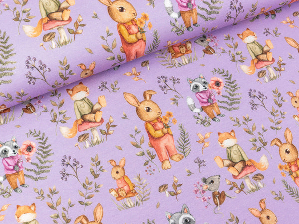 Baumwolljersey Forrest Friends bunt auf Dusty lilac Digitaldruck