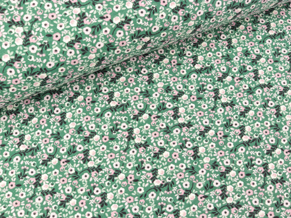 Baumwolljersey Kleine Blümchen weiß-altrosa auf Smaragd