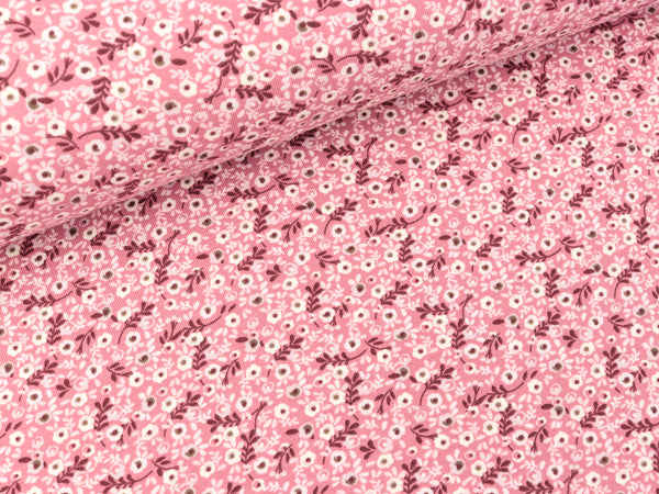 Baumwolljersey Kleine Blümchen weiß-beere auf Altrosa