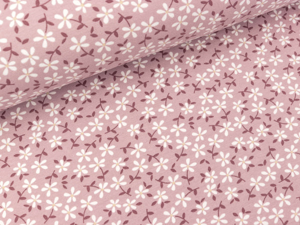 Baumwolljersey Blümchen weiß-bunt auf Altrosa