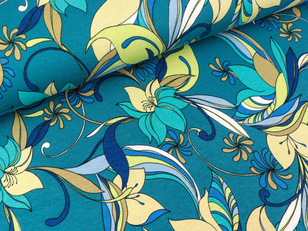 Viskosejersey Big Flowers Lilien petrol-bunt