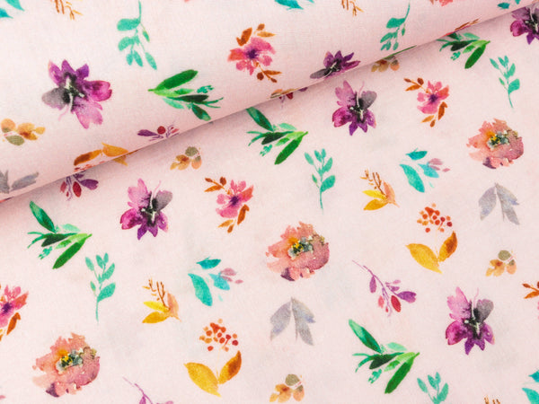 Baumwoll Double Gauze Watercolor Flowers bunt auf Light rose Digitaldruck