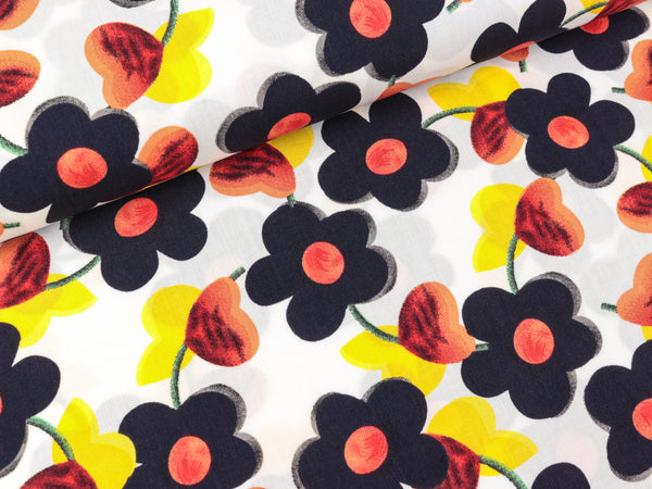 Viskose Popeline Webware Blumen marine-bunt auf Weiß