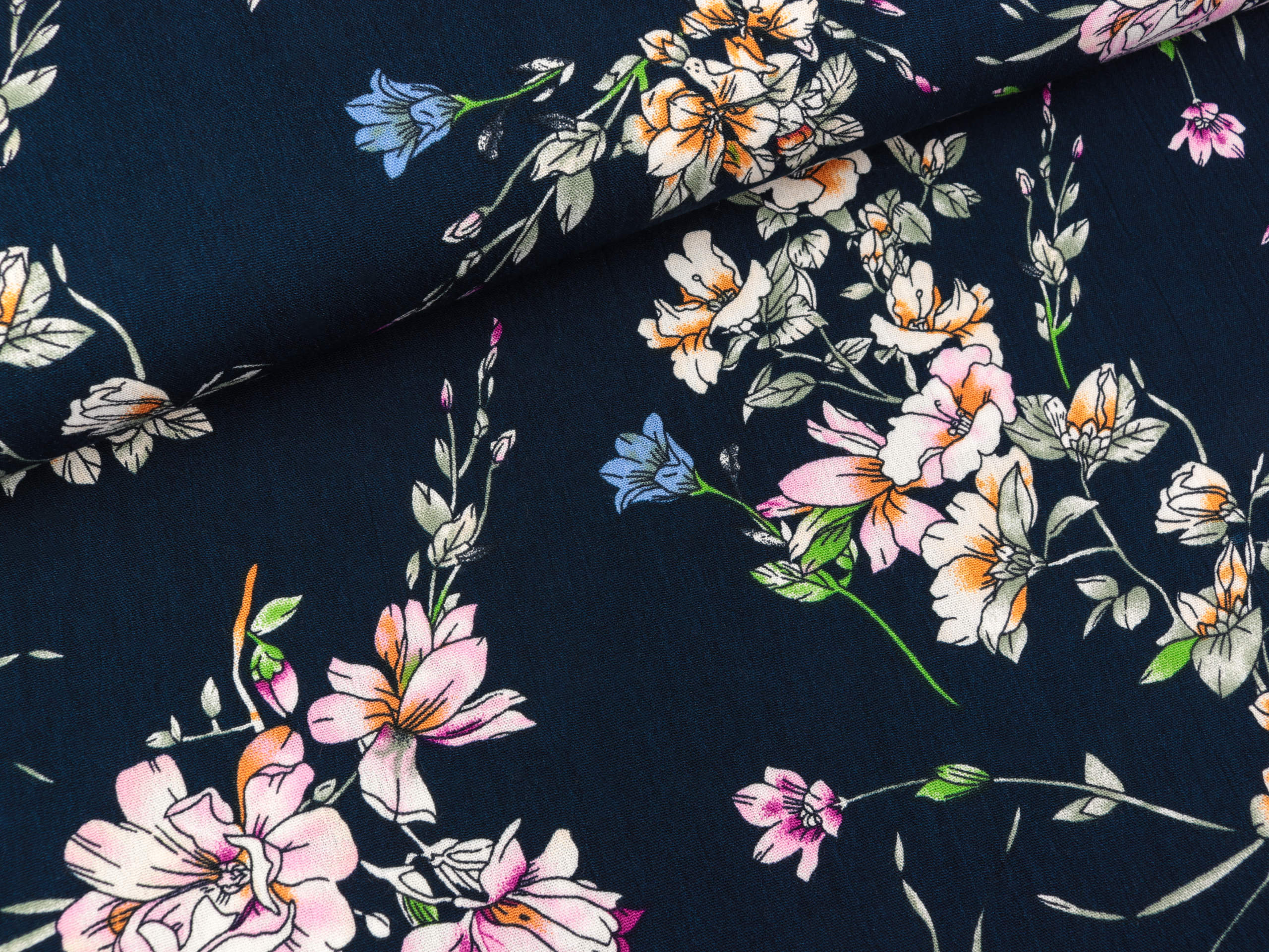 Borken Viskose Crêpe Blumen bunt auf Marine Das hüpfende Komma